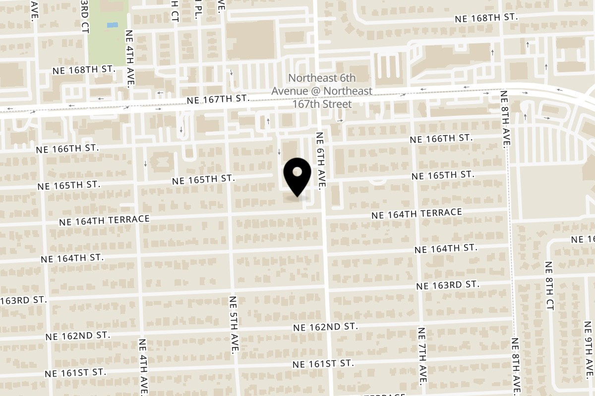 Map showing the location of Sunny Food Plus on 587 NE 164th Terrace in Miami